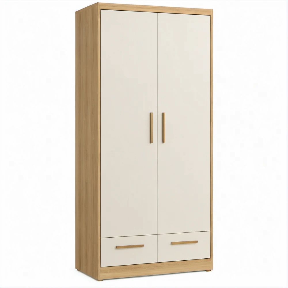 Armário de 2 Portas e 2 Gavetas em Branco e Carvalho, 80 x 52 x 180 cm