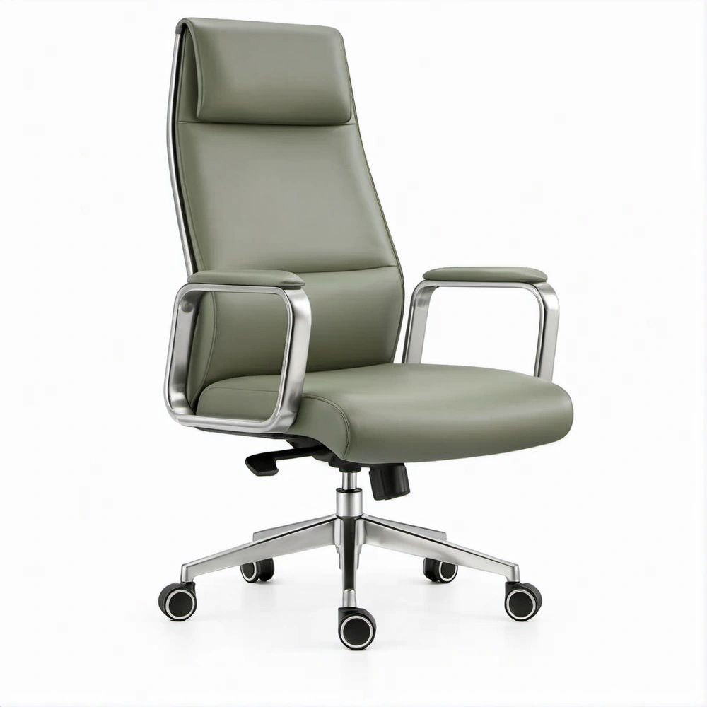 Cadeira Giratória com Encosto Alto em Pele Sintética PU, 65 x 65 x 118-128 cm, Verde-acinzentado