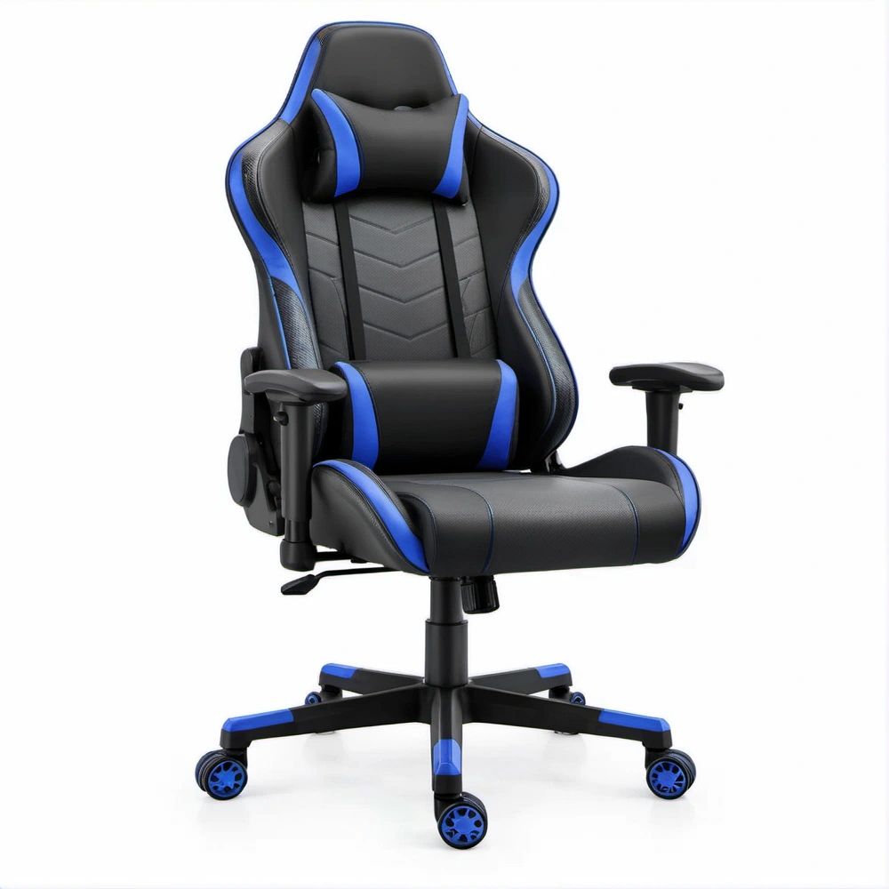 Cadeira de Gaming Ergonómica Reclinável Preta e Azul em Pele Sintética PU, 68 x 68 x 118-128 cm