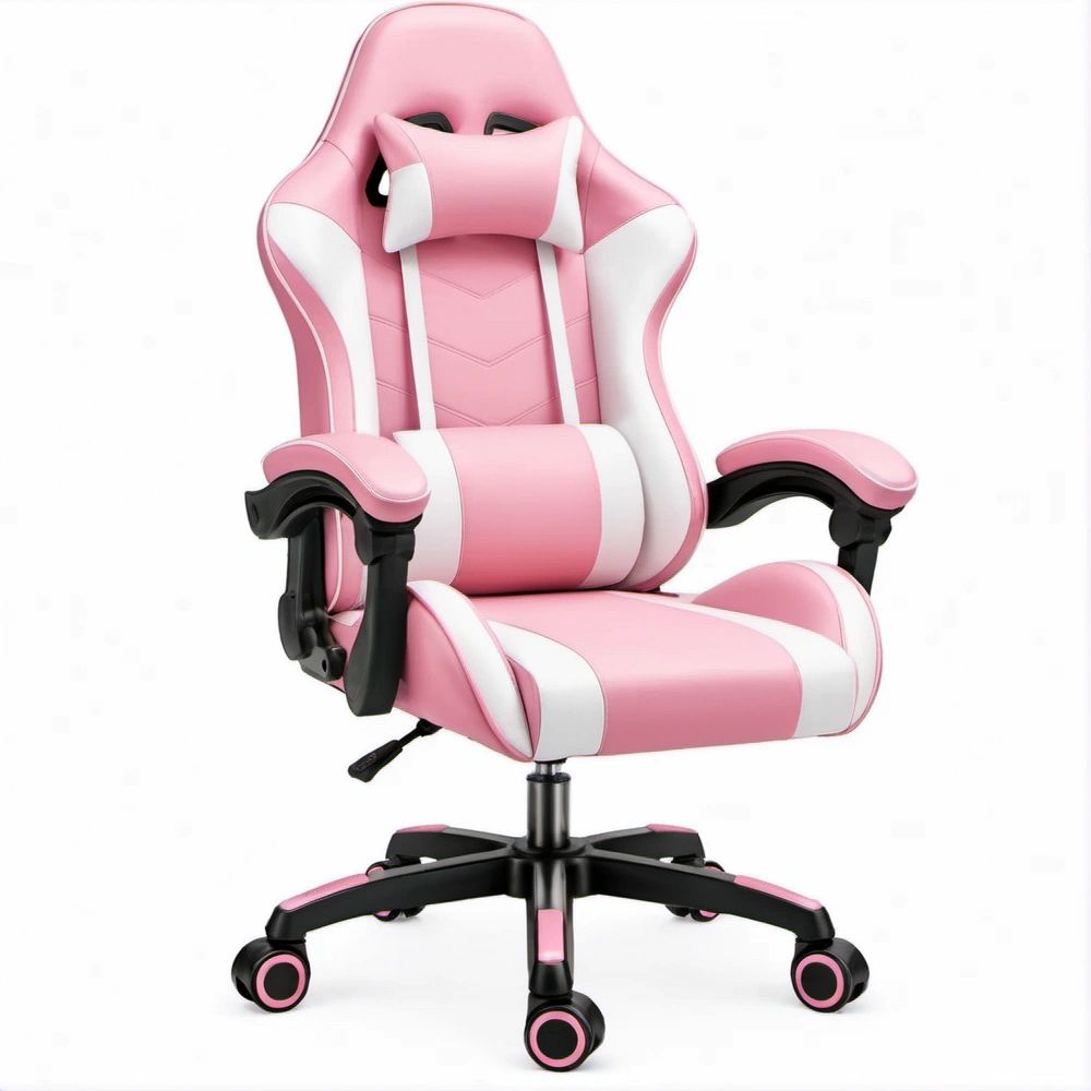 Cadeira Gaming Rosa, Branca e Preta em PU com Apoios Cervical e Lombar, 65 x 65 x 115-125 cm