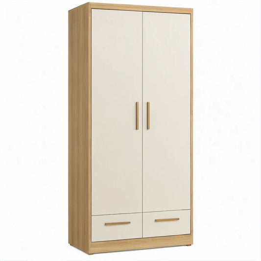 Armário de 2 Portas e 2 Gavetas em Branco e Carvalho, 80 x 52 x 180 cm