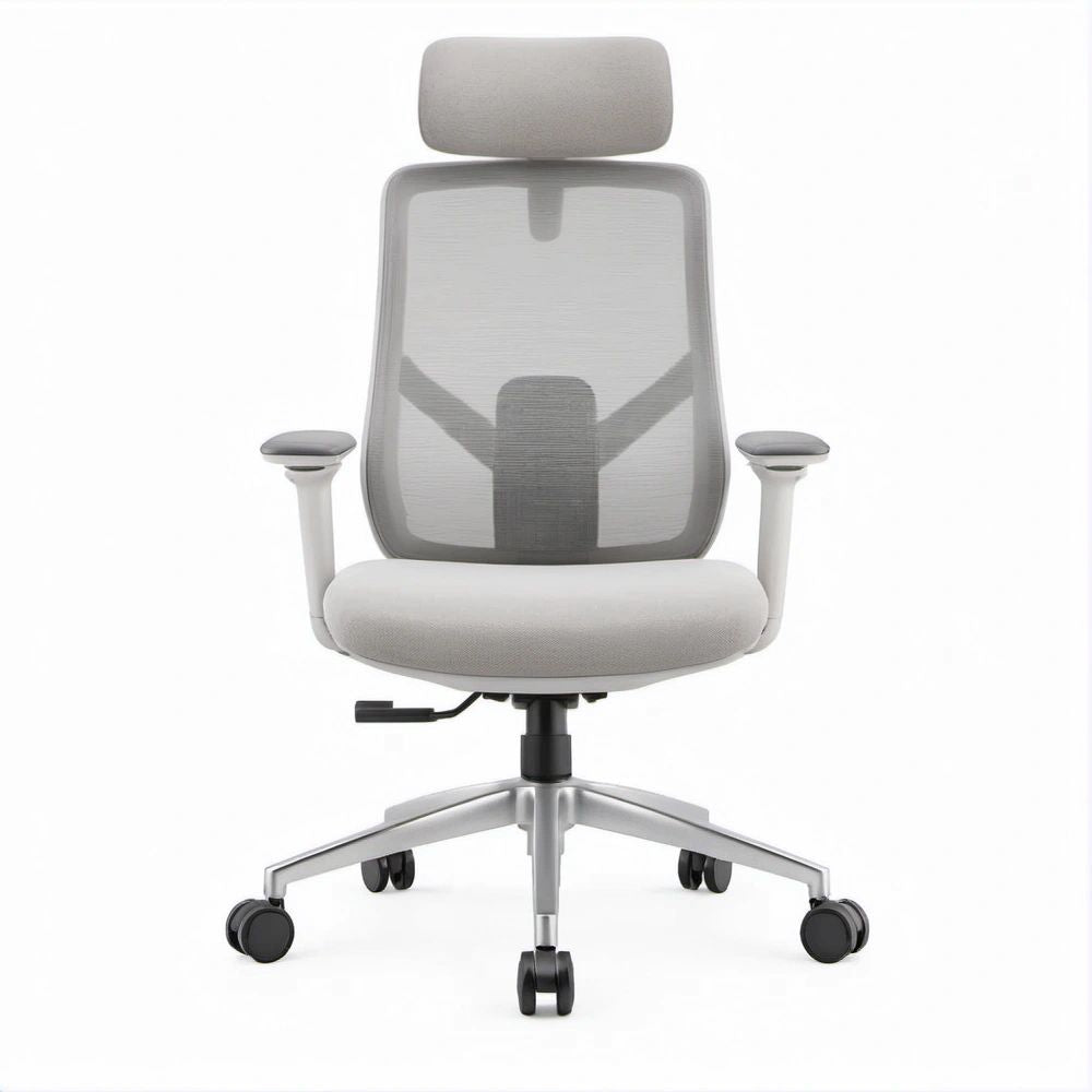 Cadeira de Escritório Ergonómica Cinzento-Claro com Apoio de Cabeça, Encosto em Malha e Rodízios, 63 x 63 x 118-128 cm