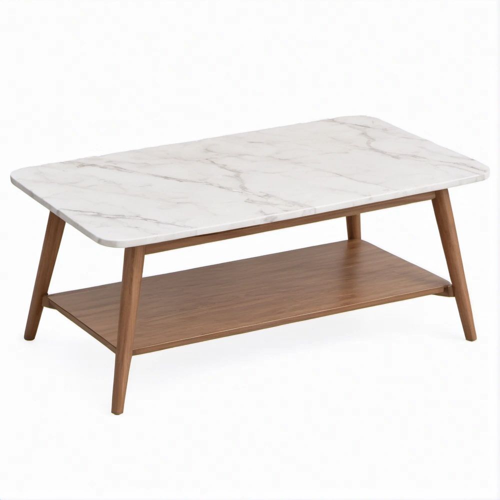 Mesa de Centro Retangular Branca Marmoreada e Nogueira 100 x 50 x 45 cm