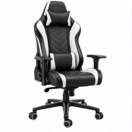 Cadeira Gaming Ergonómica Reclinável Preta e Branca em Pele Sintética PU, 65 x 65 x 122-132 cm