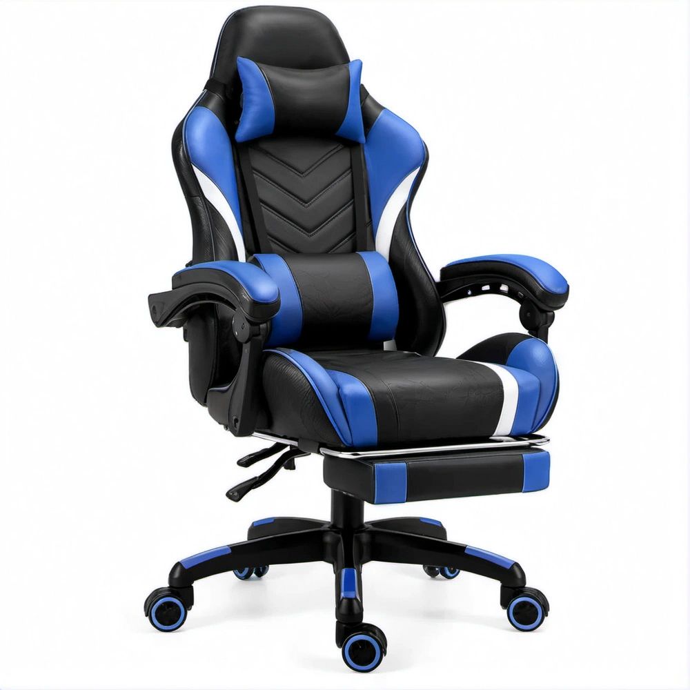 Cadeira Gaming Ergonómica Reclinável em Couro Sintético PU Preto/Azul/Branco, 66 x 70 x 125-135 cm