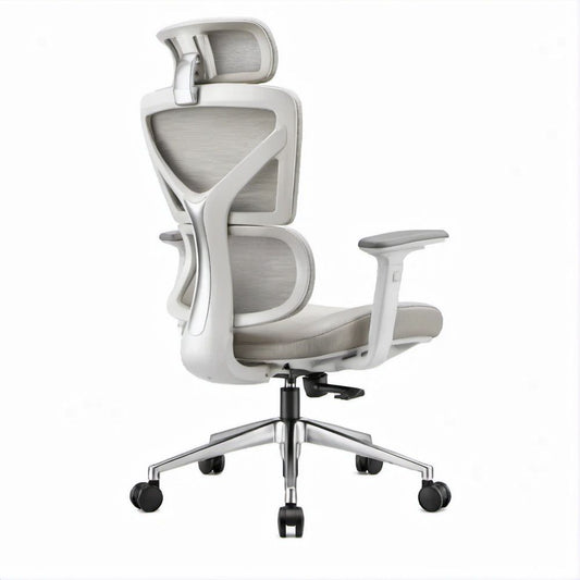 Cadeira de Escritório Ergonómica em Malha Branco/Cinzento/Preto com Apoio de Cabeça, 66 x 66 x 118-128 cm