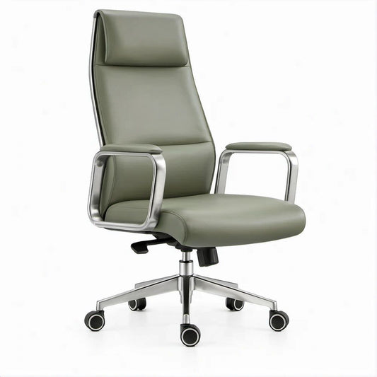 Cadeira Giratória com Encosto Alto em Pele Sintética PU, 65 x 65 x 118-128 cm, Verde-acinzentado