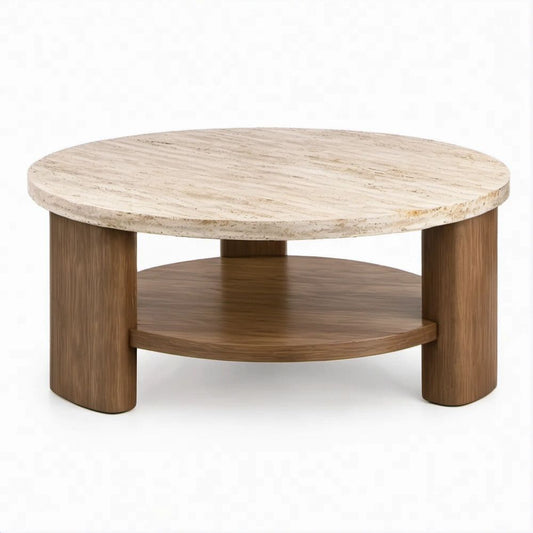 Mesa de Centro Redonda Bege e Castanho-Nogueira em Travertino e MDF, 80 x 45 cm
