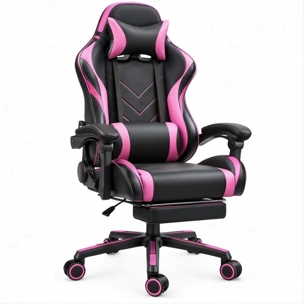 Cadeira Gaming Reclinável Preta e Rosa em Couro Sintético PU com Apoio para Pés, 66 x 65 x 120-130 cm