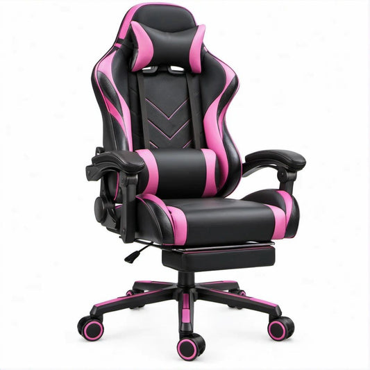Cadeira Gaming Reclinável Preta e Rosa em Couro Sintético PU com Apoio para Pés, 66 x 65 x 120-130 cm
