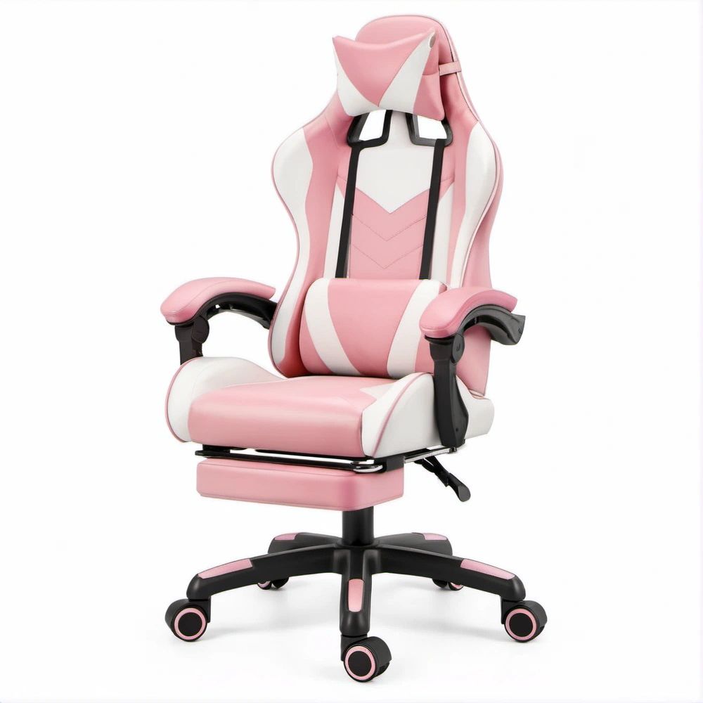 Cadeira de Jogo Ergonómica Rosa, Branca e Preta com Apoio para Pés 66 x 66 x 124-134 cm