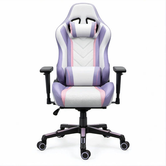 Cadeira Gaming Ergonómica Reclinável Branca, Lilás e Rosa em Pele Sintética PU e Malha de Poliéster 66 x 65 x 125-135 cm