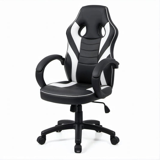 Cadeira Gaming Giratória Ergonómica de Encosto Alto Preta e Branca em Pele Sintética PU, 63 x 63 x 110-120 cm