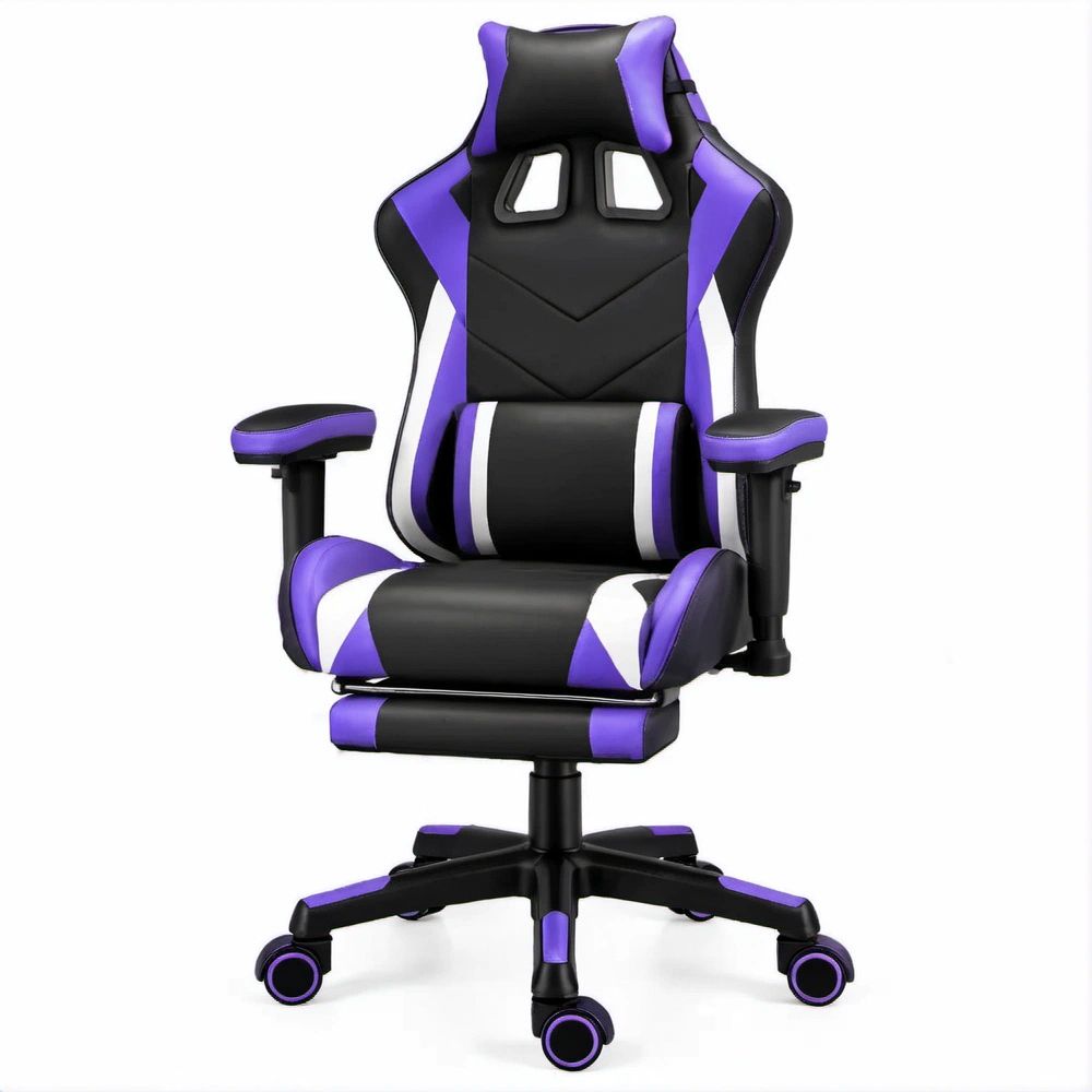 Cadeira de Gaming Reclinável em Pele Sintética PU Preto/Roxo/Branco, 66 x 66 x 119-129 cm