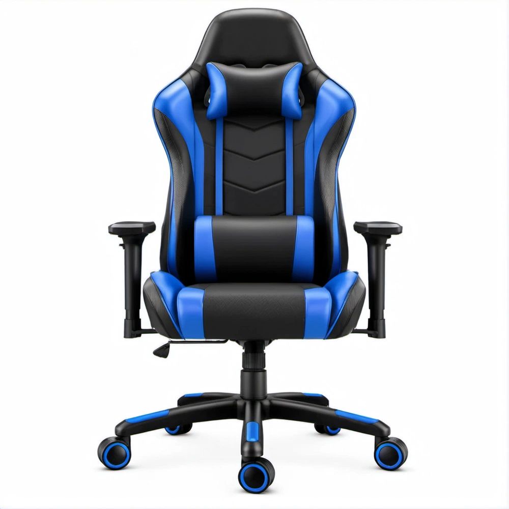 Cadeira de Gaming Giratória com Encosto Alto em Couro Sintético PU Azul e Preto, 66 x 66 x 118-128 cm