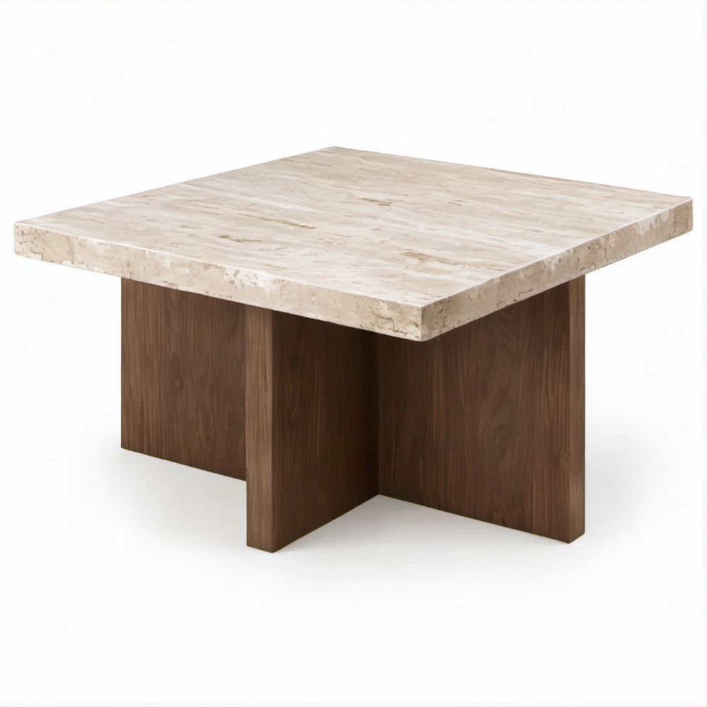 Mesa de centro quadrada em travertino bege e MDF folheado a nogueira castanho 80 x 80 x 40 cm