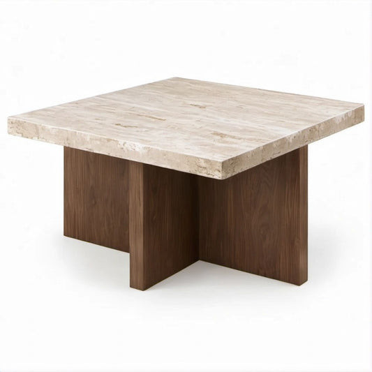 Mesa de centro quadrada em travertino bege e MDF folheado a nogueira castanho 80 x 80 x 40 cm